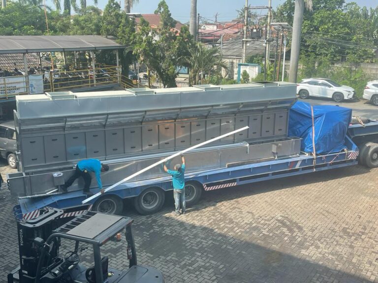 Spray booth loaded on a trailer for delivery to a customer in Cikarang
