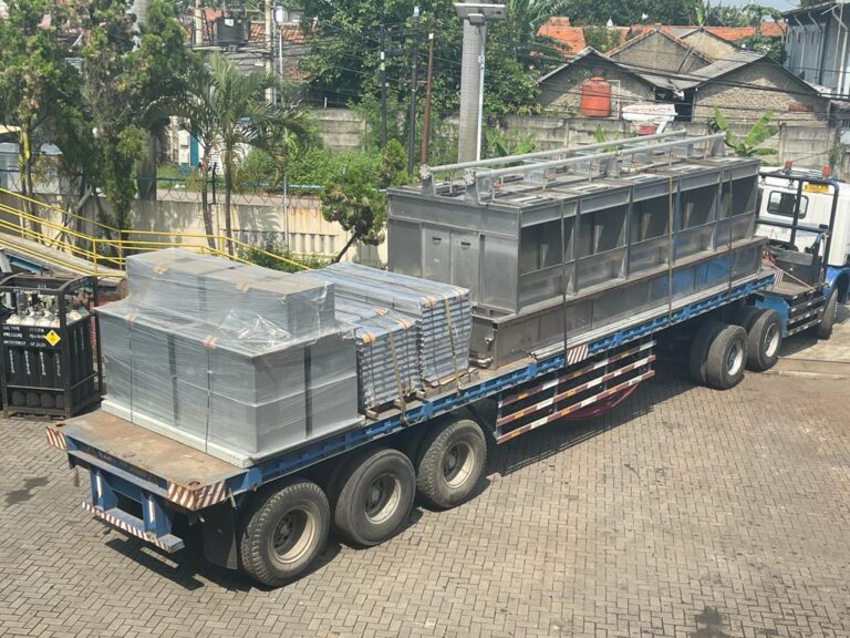 Spray booth loaded on a trailer for delivery to a customer in Cikarang