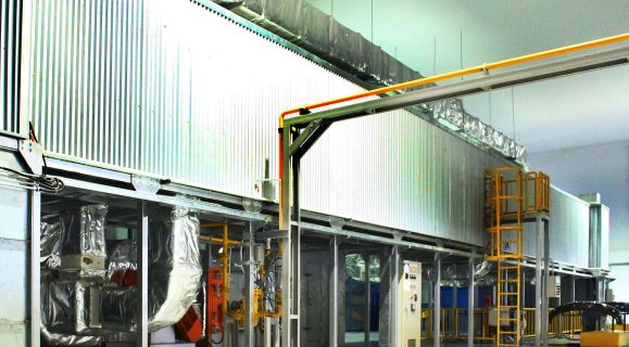 Painting line with overhead conveyor and curing oven